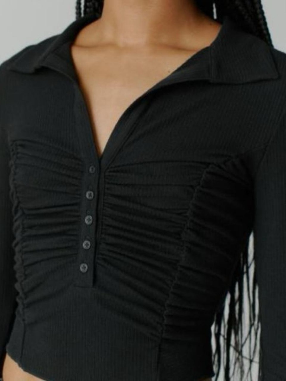 Urban Outfitters Black Ruched Button-Front Polo Shirt